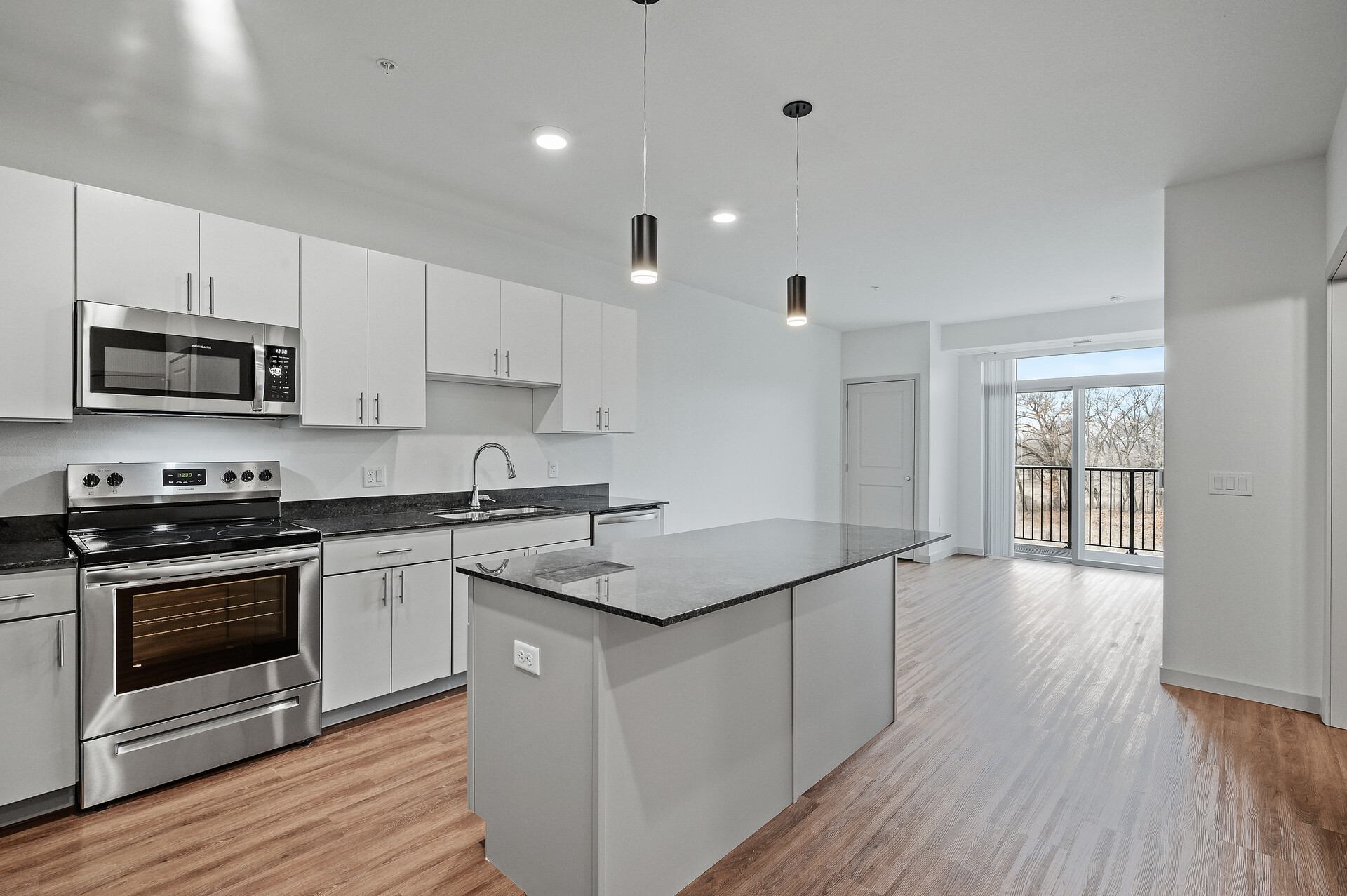 apartment kitchen and living area